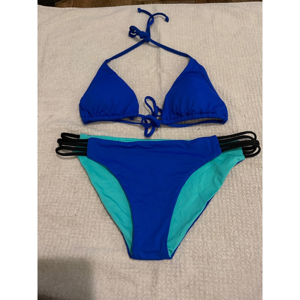 L Space Royal Blue Triangle Bikini Set Caged Side Bottoms Large